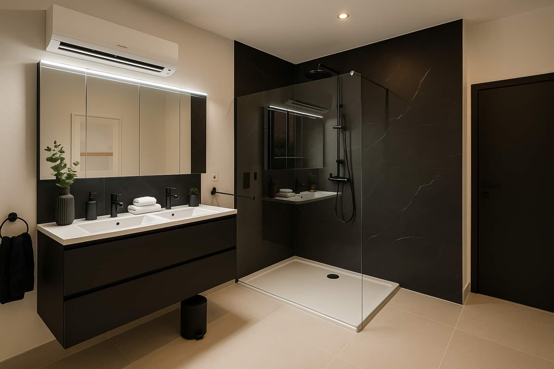Bathroom with double washbasin and walk-in shower