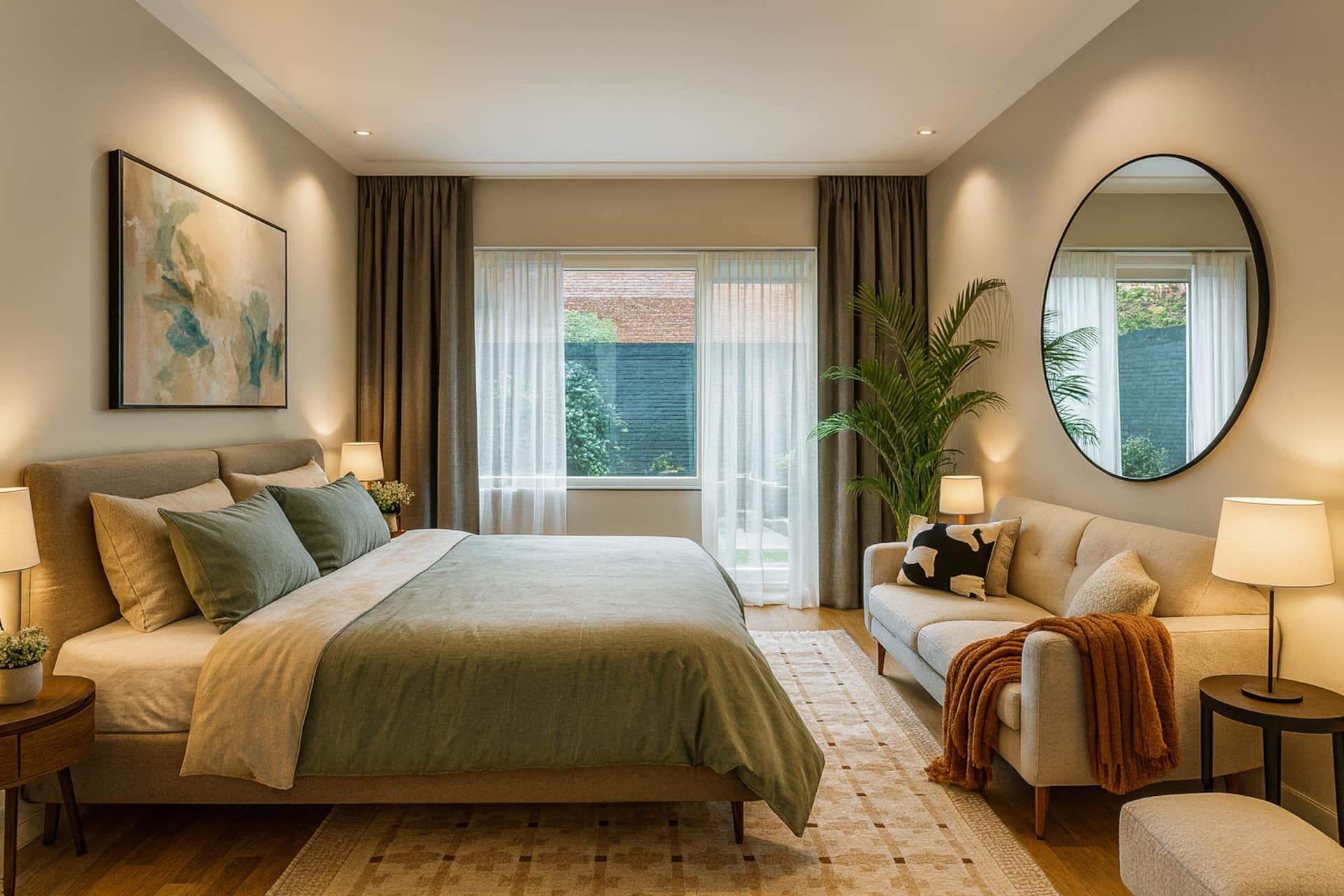 Bedroom with a double bed and a sofa