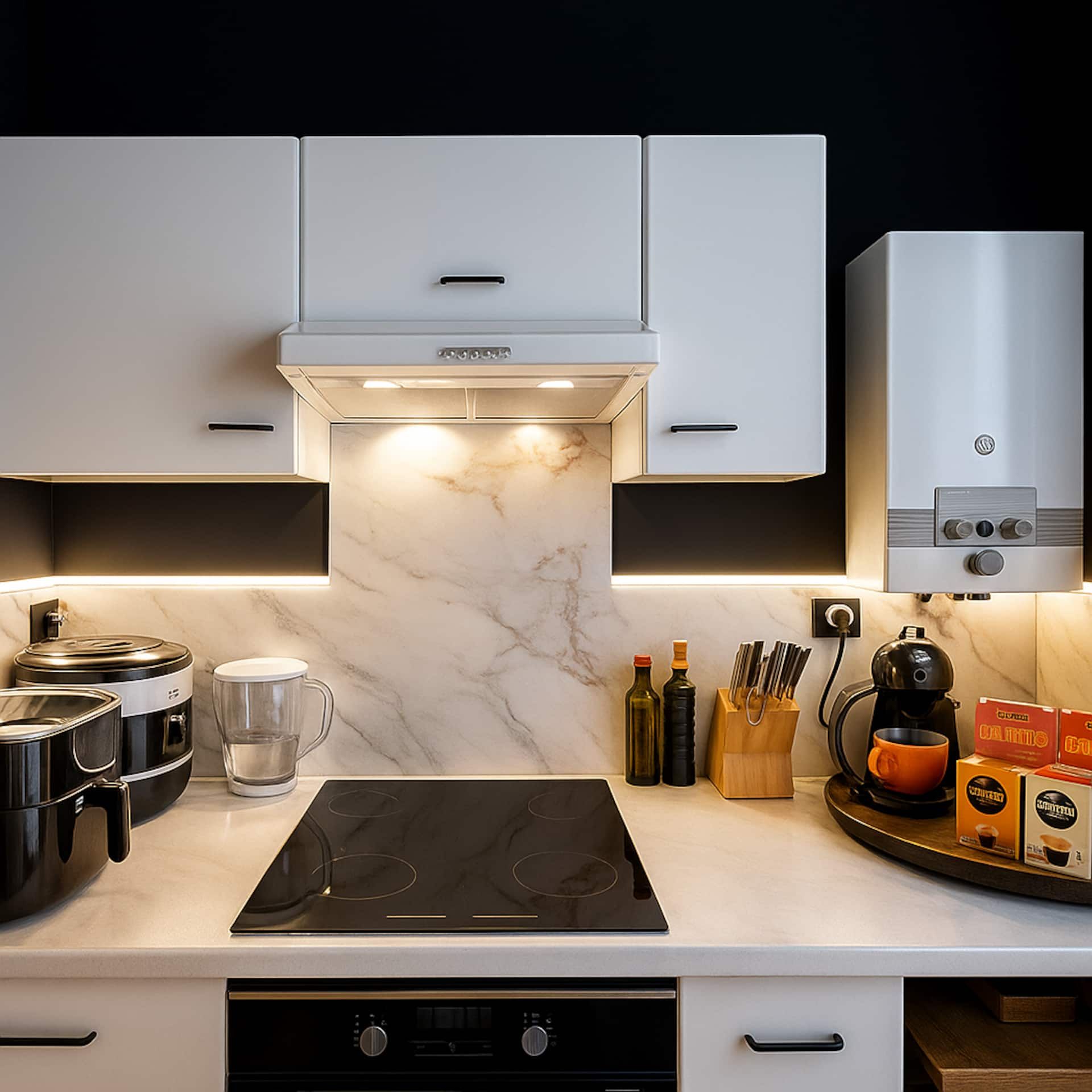 Kitchen with cooktop and marble-look splashback