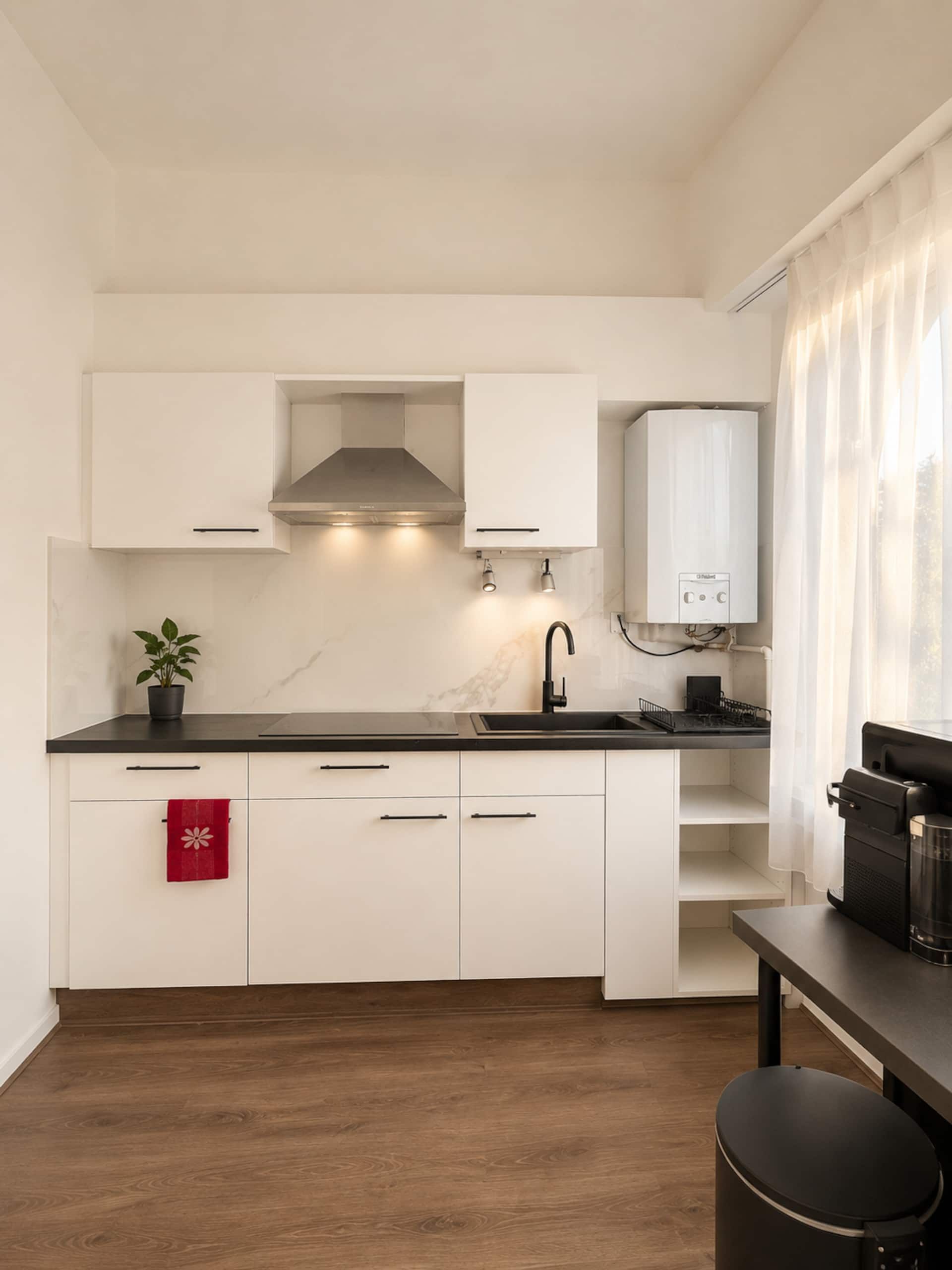 Kitchenette with cooktop and cupboards