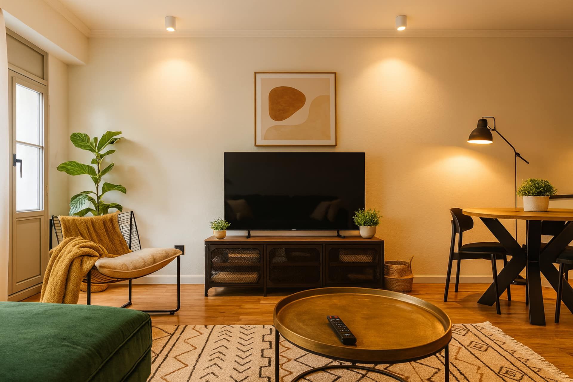 Living area with TV, armchair and dining table