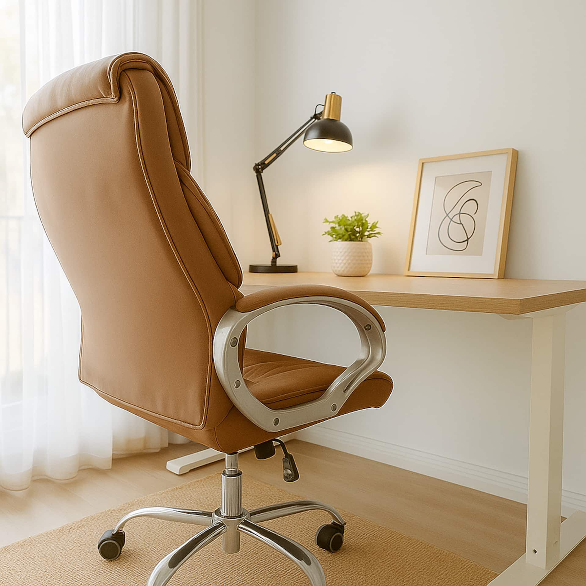 Desk with an office chair and lamp